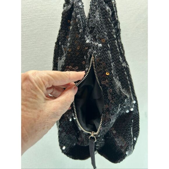 Candie’s Black Sequin Shoulder Bag Purse Tote Sparkly Holiday Party Evening Hobo - Picture 8 of 9
